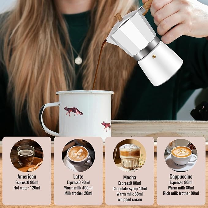 Vaolvpant 3 Cup Aluminum Moka Pot Classic Stovetop Espresso Coffee Maker 150ml 5oz Coffeemaker Percolator Mocha Express Preferred Cafe Makers for Italian and Cuban Café Brewing White