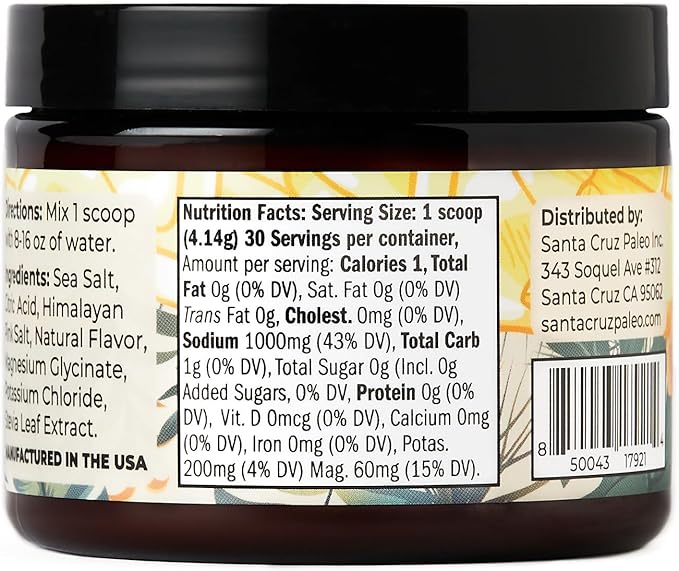 Santa Cruz Paleo Electrolyte Powder, Lemonade Flavor, Sugar Free Hydration Drink Mix with Himalayan Pink Salt, Sea Salt, Magnesium Glycinate, Potassium Chloride, Sweetened with Stevia, 30 Servings