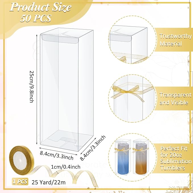 50 Pcs Mug Gift Boxes Clear Tumblers Packaging Box with Ribbon for Sublimation Tumblers Compatible with Stanley 11oz 12oz 15oz 20oz 30oz 40oz(3.3 x 3.3 x 9.8 Inch)