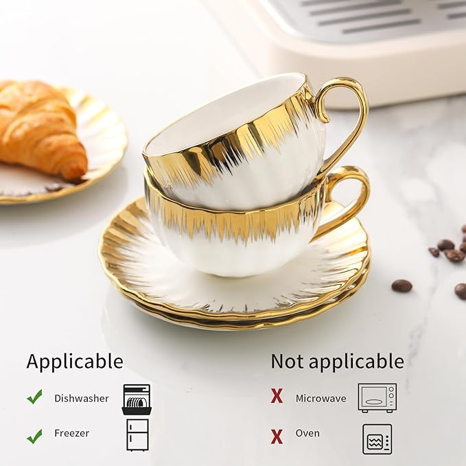 LETAOTAO Cappuccino Cups with Saucers, 7 oz Porcelain Double Espresso Cups Set, Ceramic Turkish Coffee Cups with Gold Trim, Tea Cups Set of 6, Cafe Cups for Latte, Mocha, Au Lait, White