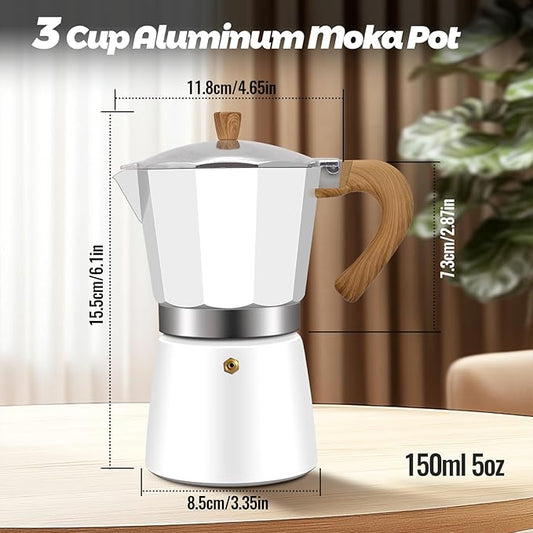 Vaolvpant 3 Cup Aluminum Moka Pot Classic Stovetop Espresso Coffee Maker 150ml 5oz Coffeemaker Percolator Mocha Express Preferred Cafe Makers for Italian and Cuban Café Brewing White