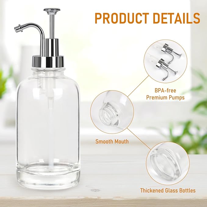 Coffee Syrup Dispenser 16.9 Oz 2 Pack, 500ml Glass Bottle with Sliver Pump for Coffee Bar, Includes 36 Stickers - Reusable Syrup Bottles