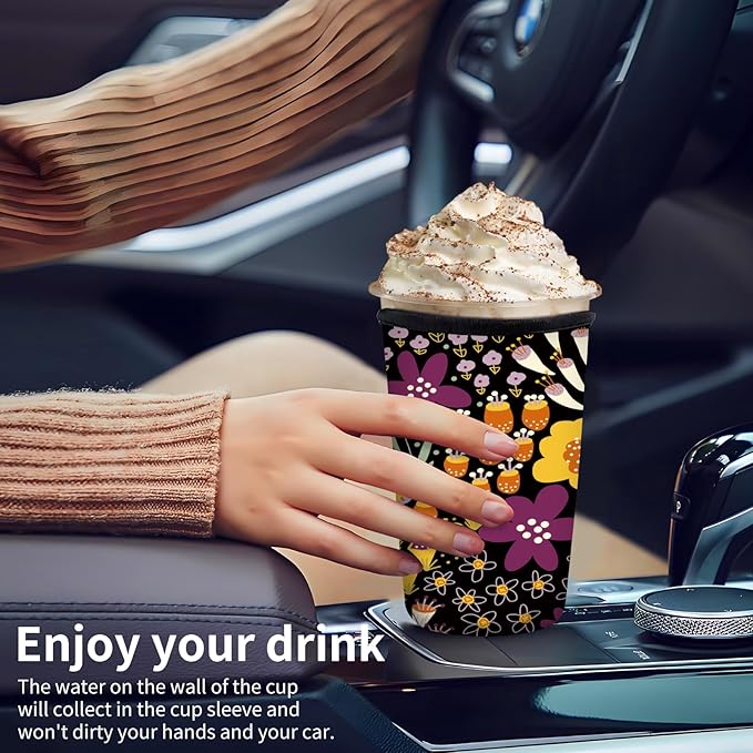 Reusable Neoprene Insulator Sleeve for Iced Coffee Cups, Medium 22-28oz Durable Drink Sleeve for Cold Beverages, Cute Beverage Holder Cup Sleeve for Women Men Cute Colorful Floral