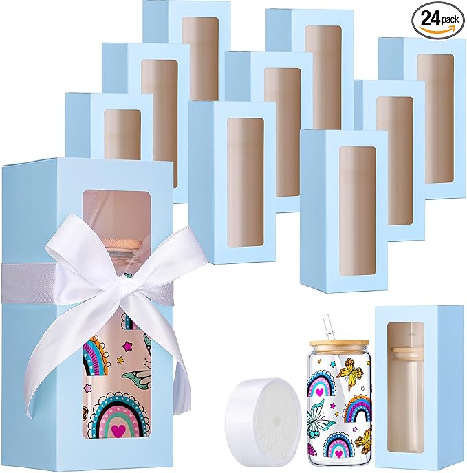 Honoson 24 Pcs Tumbler Gift Box with Ribbon for Sublimation Glass Exhibition Boxes Transparent for 12oz 16oz 20oz Drinking Cup Glasses Jars Mug Can Blanks(Light Blue)