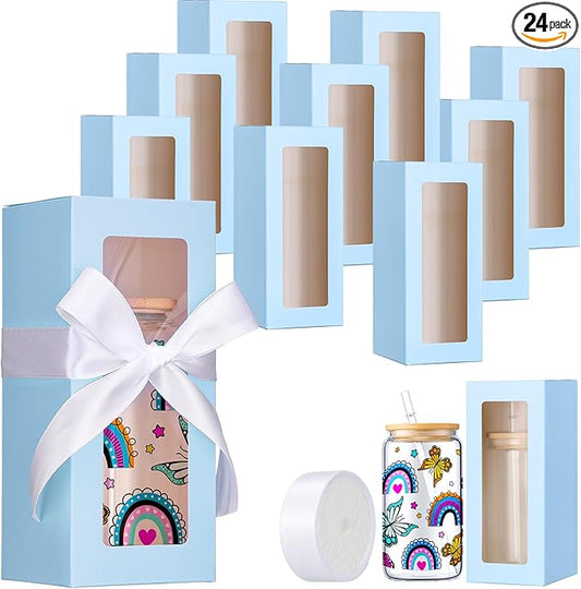 Honoson 24 Pcs Tumbler Gift Box with Ribbon for Sublimation Glass Exhibition Boxes Transparent for 12oz 16oz 20oz Drinking Cup Glasses Jars Mug Can Blanks(Light Blue)