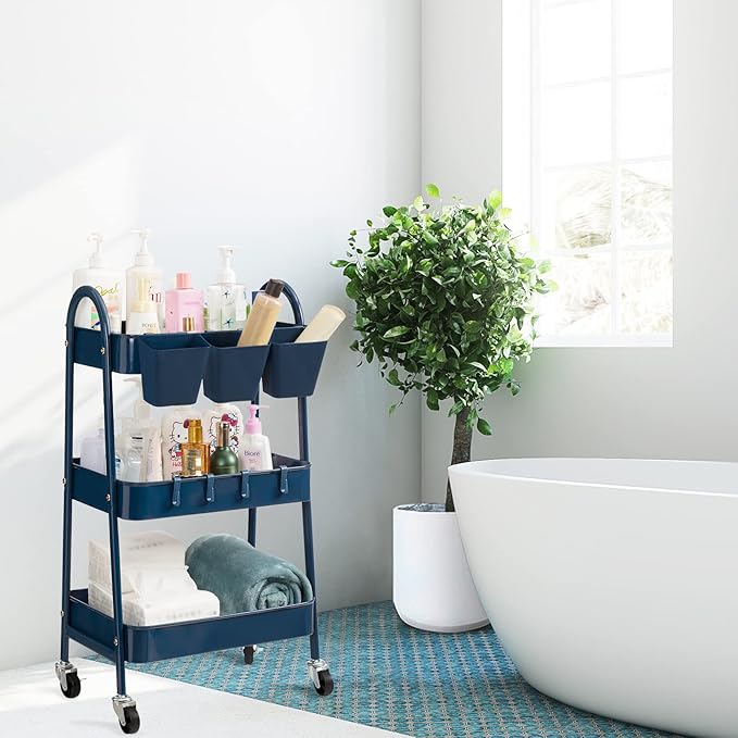 danpinera 3-Tier Rolling Cart, Utility Cart Mobile Metal Rolling Storage Cart with Lockable Wheels & Hanging Cups & Hooks for Kitchen, Bathroom, Office, Workshop, Dark Blue
