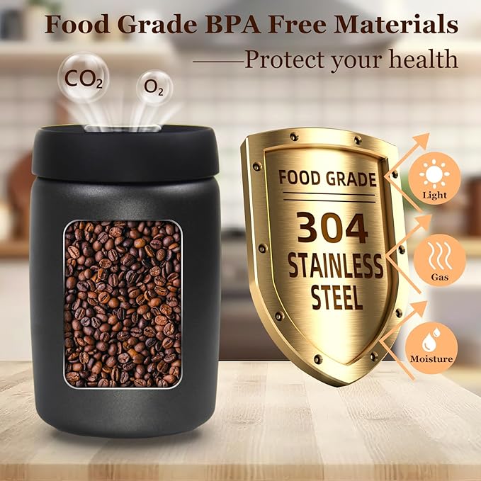 Vacuum Coffee Canister, Coffee Bean Storage with Scoop, Stainless Steel Airtight Food Storage Container, Perfect for Coffee Beans,Coffee Grounds,Loose Leaf Tea (1200ml*2 Matte Black)