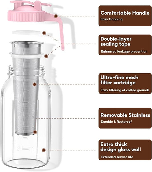 Cold Brew Coffee Maker Jar - 2 Pack 64 oz Glass Cold Brew Maker with Handle, Stainless Steel Filter & Leak-Proof Lid, Heavy Duty Cold Brew Pitcher for Iced Coffee, Sun Tea, and Milk