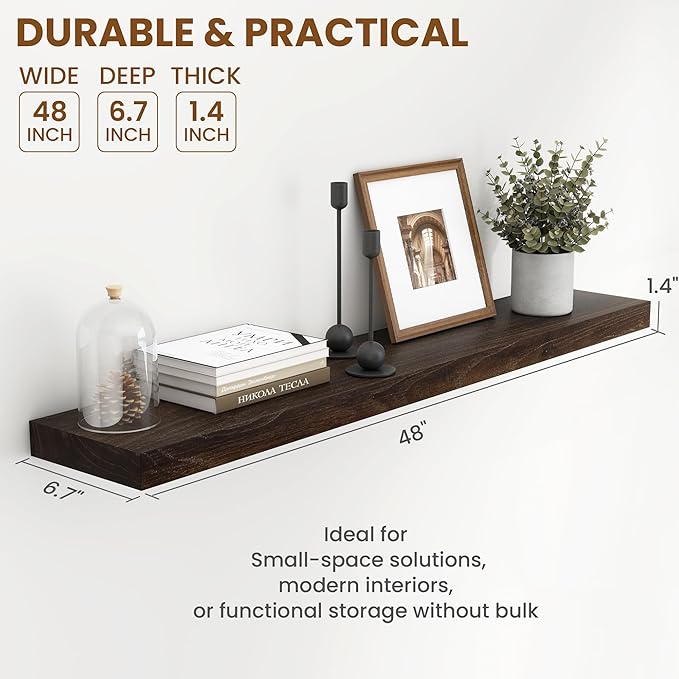 48 Inch Floating Shelves, Rustic Elm Wood Wall Shelves for Farmhouse, Bedroom, Kitchen, Wall-Mounted Long Floating Shelf Heavy-Duty Bracket, Solid Wood Shelf Set of 1 for Home Decor Display, Walnut