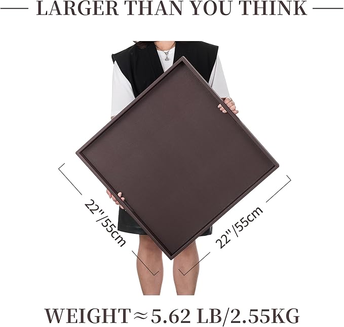 Hanobe Large Ottoman Serving Tray: Faux Leather Coffee Table Trays with Handles 22 Inch Square Extra Big Oversized Aesthetic Modern Brown Ottoman Topper for Living Room Parties Home