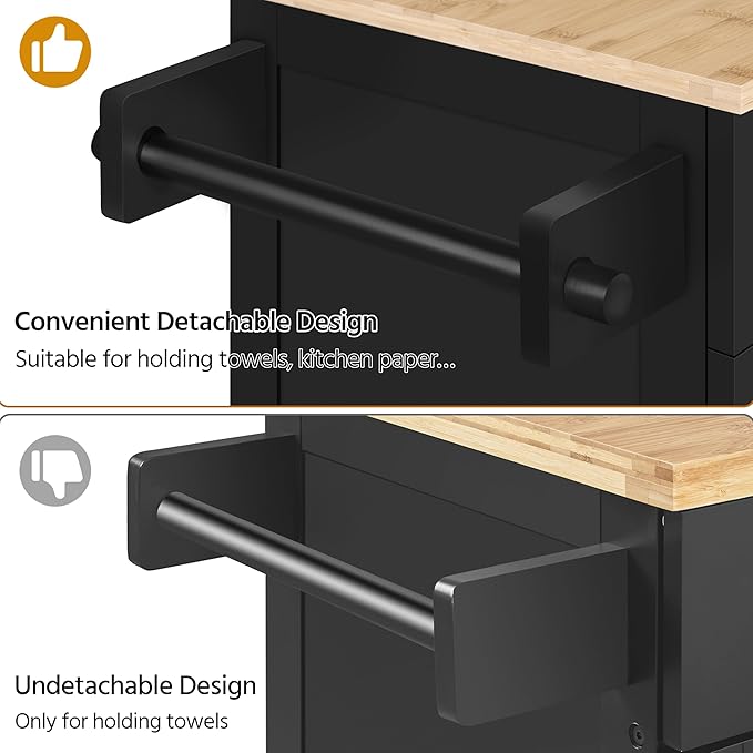 Yaheetech Kitchen Island on Wheels with Storage Cabinet, Rolling Kitchen Cart with Bamboo Top & Drawer & Spice Rack Towel Bar, Microwave Stand Cart for Kitchen/Dining Room, Black