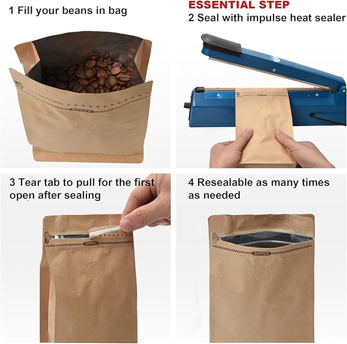 Resealable Kraft Paper Coffee Bags with Degassing Valve, Flat Bottom Side Gusset Stand Up Pouches with Zipper Lock (Pack of 100, Size for 8 oz/250 grams Beans or Ground)