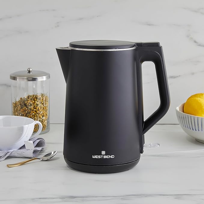 West Bend Electric Kettle Cordless Serving Features Stainless Steel Interior Boil Dry Protection and Auto Shut Off, 1.5-Liter, Black