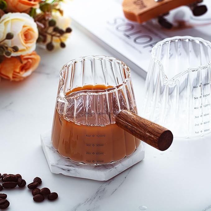 2 Pcs Espresso Shot Glass with Handle, 6 oz/180 ml Espresso Cup with Single V-shaped Mouth, Measuring Cup for Milk Tea Coffee Bar Accessories (Clear)