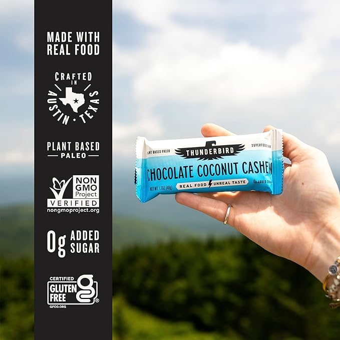 Thunderbird Bars Energy Snack, Gluten-Free with Protein, Healthy Real Food, Vegan Paleo Non-GMO, No Added Sugar, Chocolate Lovers Variety Flavor Pack (6 Count, 3 of Each Flavor, 1.7 oz. Bars)