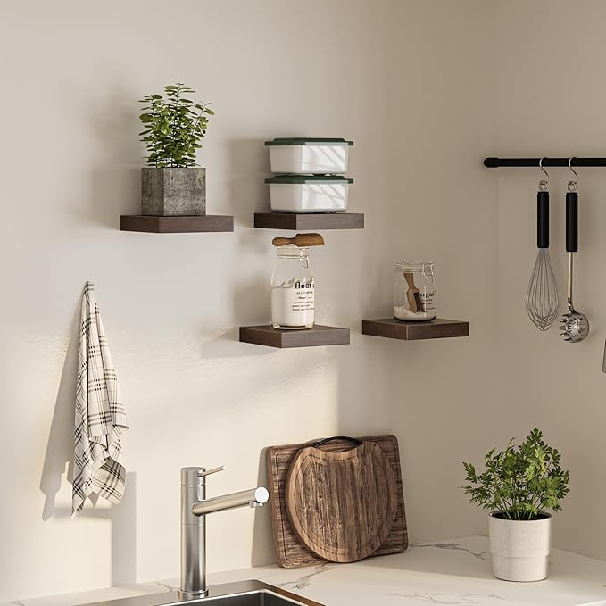 Square Floating Shelves for Wall, 7.5" W x 7.5" D x 1.4" H, Small Wooden Wall Mounted Display Shelf with Invisible Brackets for Living Room, Bathroom, Kitchen Decor, Set of 4, Walnut