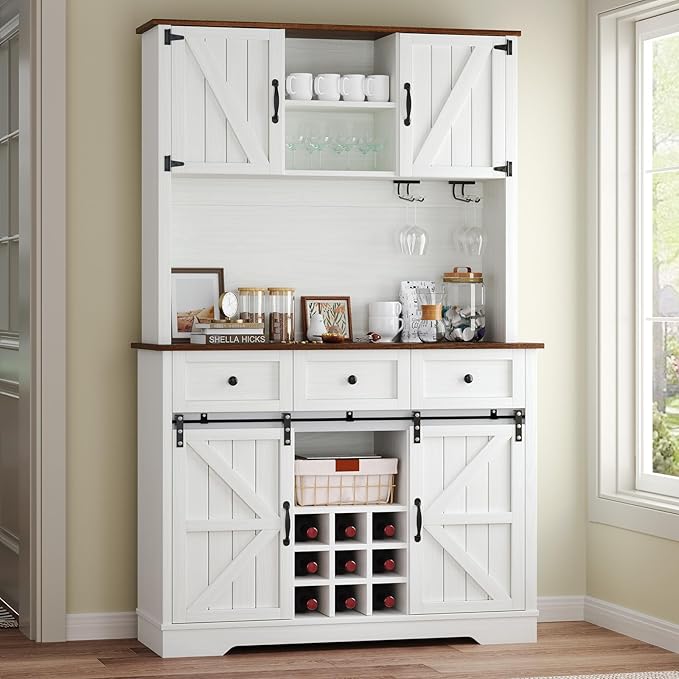 72" Farmhosue Coffee Bar Cabinet with Storage Shelves and 3 Drawers, Kitchen Hutch Storage Cabinet with Sliding Barn Door & Wine Racks & Wine Glass Holder, Bar Cabinets for Home/Living Room, White