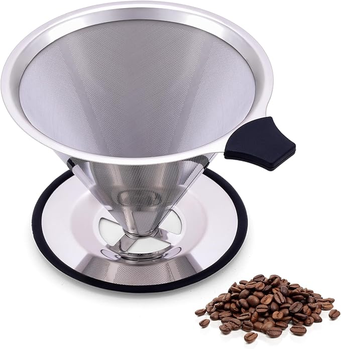 【2.0 Upgraded】Pour Over Coffee Dripper, Stainless Steel Reusable Coffee Filter with Non-Slip Base & Handle, Paperless Coffee Maker (silver)