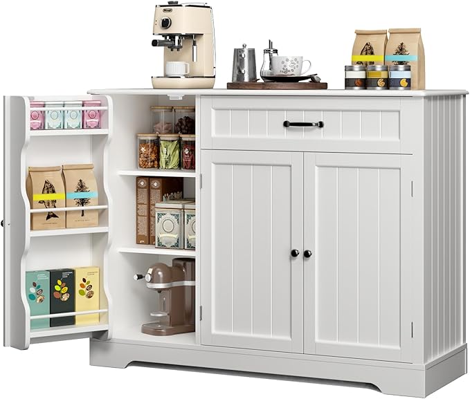 Gizoon Kitchen Coffee Bar Cabinet with Storage Kitchen Sideboard Buffet Cabinet with Drawers, Short Pantry with Door and Shelves for Bathroom and Living Room, White