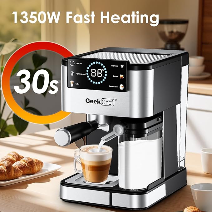 Geek Chef Espresso Machine with Automatic Milk Frother, 20 Bar Coffee & Espresso Maker, Cappuccino/Latte/Iced Coffee Machine, TouchScreen, ESE POD, Instant Heating for Home Barista