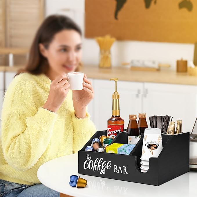 Rustic Coffee Bar Organizer - Wooden Coffee Pod Holder & Cup Storage Basket for Counter - K-Cup Sugar & Tea Condiment Organizer