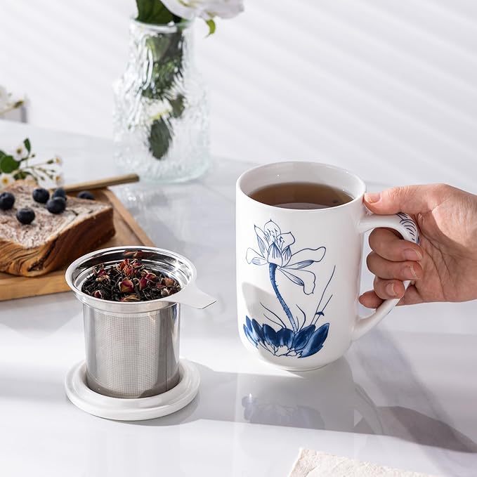 AmorArc Porcelain Tea Mug with Infuser and Lids, 18 Oz Large Cup Strainer with Bag Holder for Loose Leaf Tea, Steeping Coffee Mug for House-warming Wedding Birthday Gift