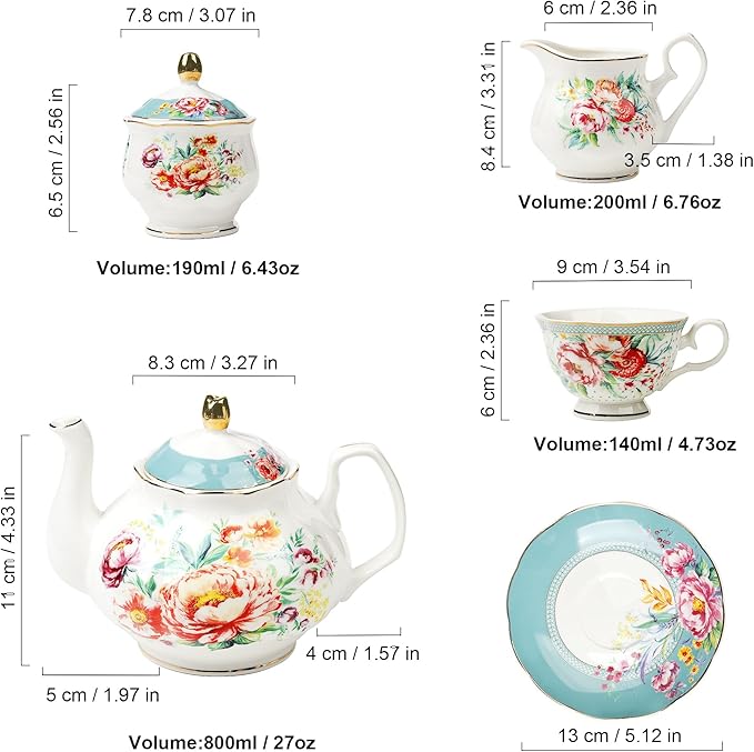 fanquare 21-Piece Green and Floral Porcelain Tea Set, Vintage Ceramic Tea Cup and Saucer Set for 6, Teapot Set for Women Party