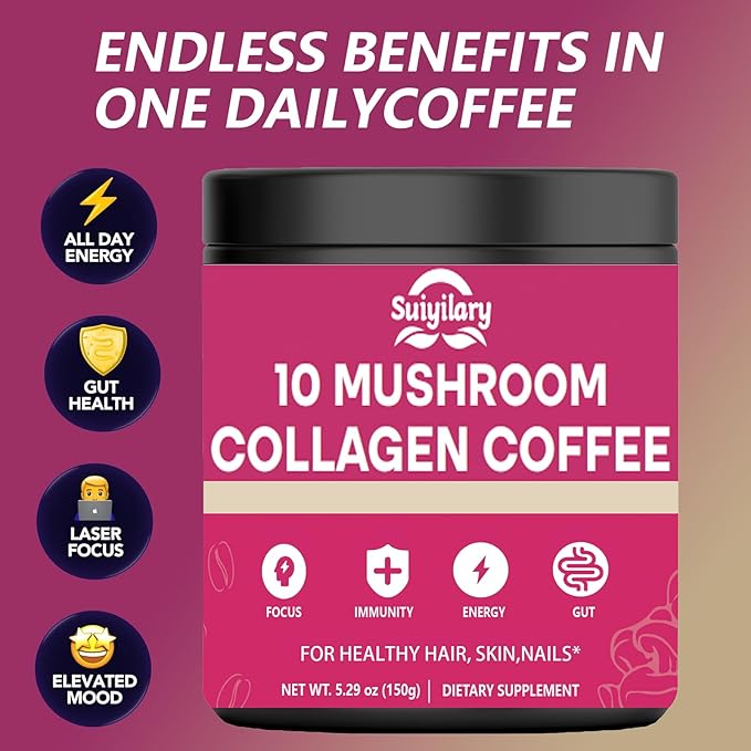 Mushroom Coffee with Collagen, 10 Mushroom Extract Powder Blend Lion's Mane, Brain Supplements with Instant Coffee for Energy, Focus, Skin and Immunity 150g 30 Serving