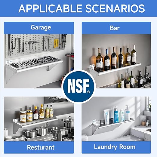 ROCKPOINT Stainless Steel Shelf 12 x 72 Inches 450lb, NSF Metal Commercial Shelves Wall Mount Floating Shelving with Backsplash for Restaurant, Kitchen, Home and Hotel, Silver