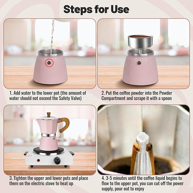 Vaolvpant 6 Cup Aluminum Moka Pot Classic Stovetop Espresso Coffee Maker 300ml 10oz Coffeemaker Percolator Mocha Pot Greca Coffee Maker Cafe Makers for Italian and Cuban Café Brewing Pink