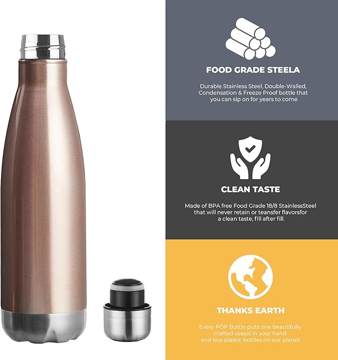 MEWAY 17oz Sport Water Bottle 8 Pack Vacuum Insulated Stainless Steel Leak-Proof Double Wall Cola Shape Water Bottle,Keep Drinks Hot & Cold (Rose Gold,8 Pack)