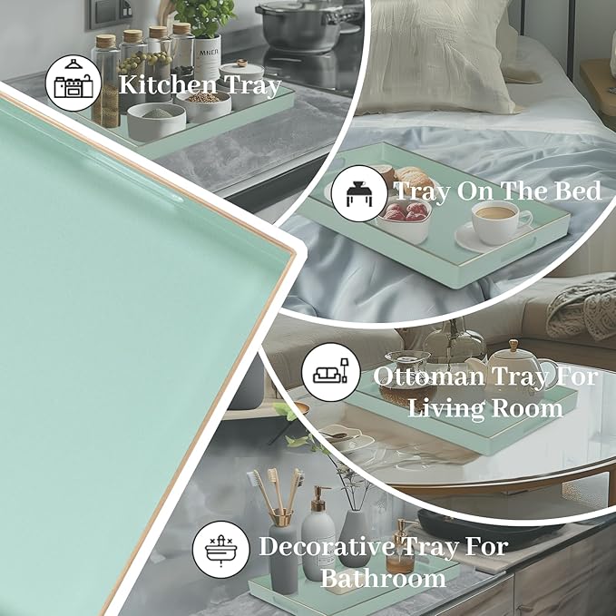 MAONAME Mint Green Serving Tray with Handles, Modern Decorative Trays for Coffee Table, Plastic Rectangular Trays for Ottoman, Bathroom, Decor, 15.8” x 10.2” x 1.4"