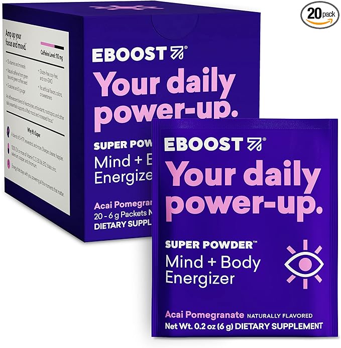 EBOOST Super Energy Powder Drink Mix, Non-GMO Electrolyte Supplement Loaded with Vitamins (Acai Pomegranate), 0.2 Ounce (Pack of 20)