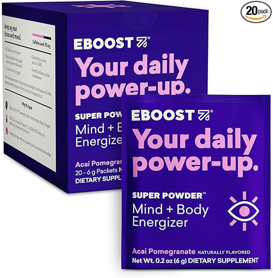 EBOOST Super Energy Powder Drink Mix, Non-GMO Electrolyte Supplement Loaded with Vitamins (Acai Pomegranate), 0.2 Ounce (Pack of 20)