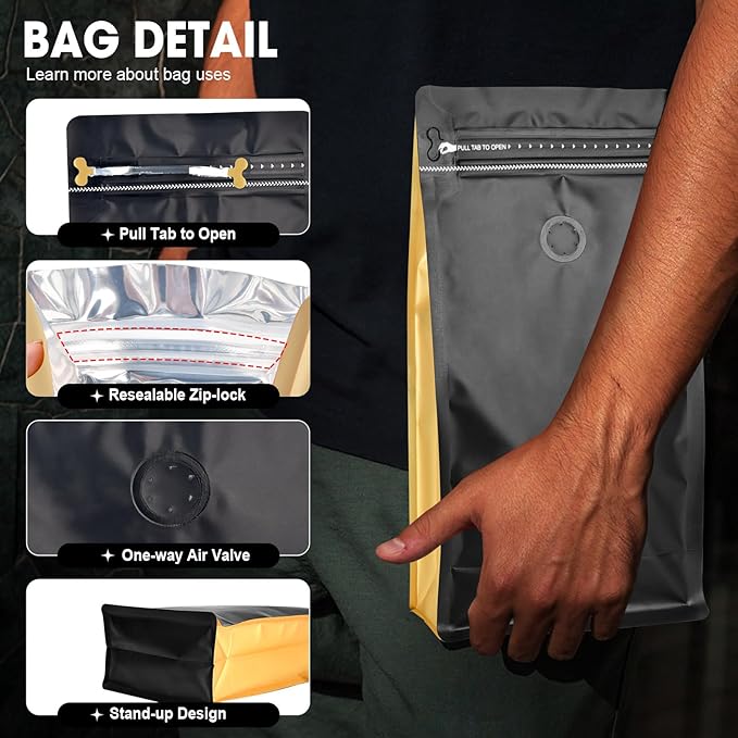 Coffee Bags with Valve(60pcs,16oz,1lb) Vented Coffee Beans Packaging Bags High Barrier Aluminumed Foil Flat Bottom Heat Sealed Side Zipper Resealable Storage Bag for Home or Business（Black+Gold）