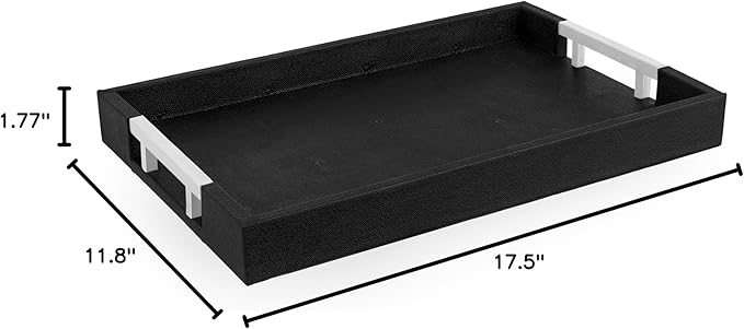Modern Elegant 17.5"x12" Black Rectangle Shagreen Faux Leather Decorative Tray Ottoman Coffee Table Perfume Living Room Kitchen Serving Tray with Silver Metal Handles for All Occasion's