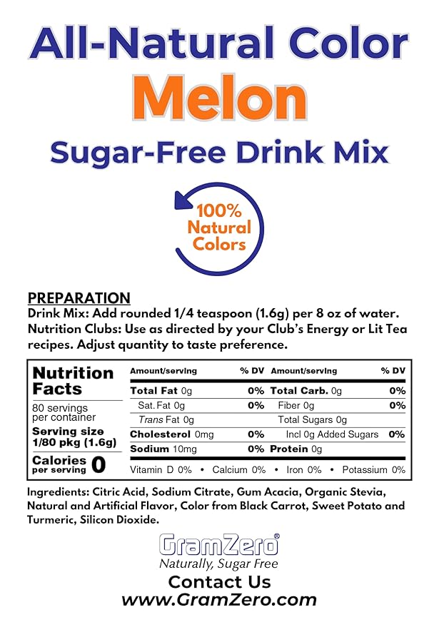 GramZero Melon Zero Calorie Sugar Free Drink Mix, Great For Nutrition Club Loaded Tea, Stevia Sweetened