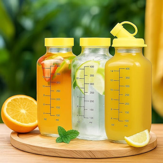 16 oz Glass Milk Bottles with Pour Dispenser, Reusable Juice Bottles with Airtight Lid for Fridge, Glass Pitchers with Scale, Gift for a New Mother [4 Pack]