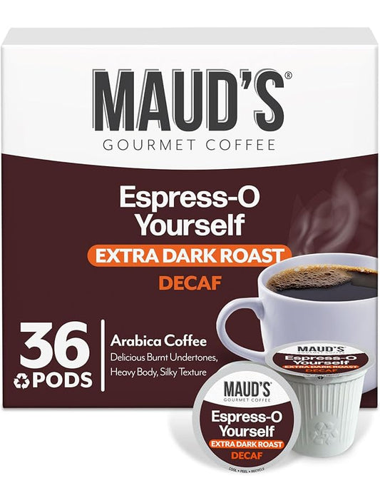 Maud's Decaf Espresso Roast Coffee Pods, 36 ct, Decaffeinated Dark Roast Recyclable Single Serve Pods – 100% Arabica Coffee, Compatible with Keurig K Cups Maker