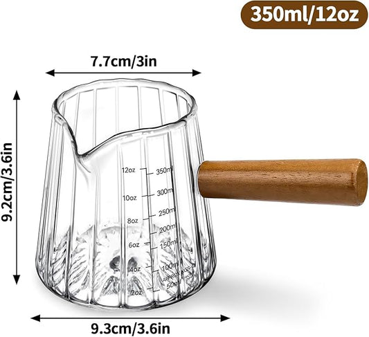 Espresso Measuring Cup 12 Oz, Espresso Glass Cups with Wood Handle, Milk Frothing Cup, Espresso Cup for Coffee, Milk, Tea or Maple Syrup Serving (Transparent, 12 oz)