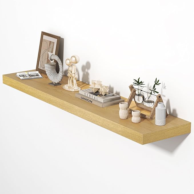 Floating Shelves for Wall, 48" W x 9.3" D x 1.5" H, Wooden Wall Mounted Display Shelves with Invisible Brackets for Living Room, Bedroom, Bathroom, Kitchen Decor and Storage, Set of 1, Oak