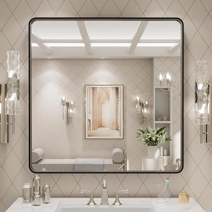 LOAAO 30x30 Inch Black Metal Framed Bathroom Mirror for Wall, Matte Black Bathroom Vanity Mirror Farmhouse, Large Rounded Rectangle Mirror, Anti-Rust, Hangs Horizontally or Vertically