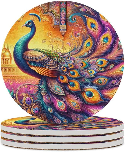 Round-4PCS Peacock Ceramic Coasters, Round Absorbent Drink Coasters, Boho Art Beautiful Colorful Floral Peacock Pattren Ceramic Table Coasters for Coffee, Beverage, Wine, Beer Coasters
