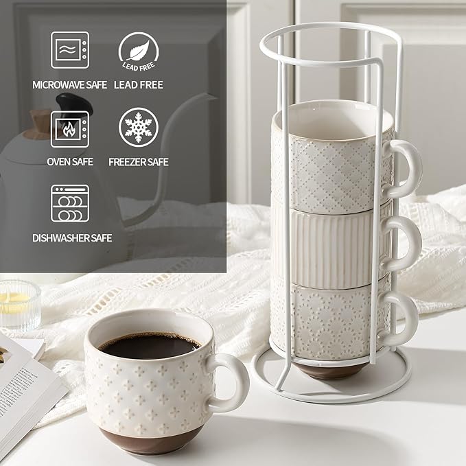 JH JIEMEI HOME Large Ceramic Coffee Mug Set of 4 with Stand, 15 Oz Stackable Different Embossment Ribbed Latte Cup Set for Cappuccino, Tea, Hot Cocoa, Drinks - Dishwasher & Microwave Safe, Off White