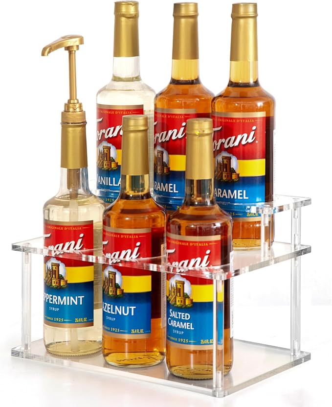 ODPEOZT Acrylic Coffee Syrup Organizer, 2 Tier Coffee Syrup Rack (6 Bottle Capacity), Syrup Bottle Holder Stand for Coffee Bar, Kitchen Countertop Syrups, Condiments and Wine (Transparent)