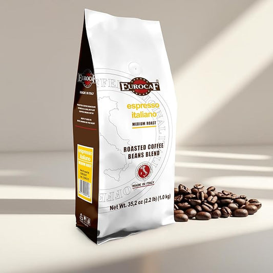 Eurocaf Espresso Italiano, Blended Whole Bean Coffee, Medium Roast, 2.2 Ib bag, Original Italian Coffee (Pack of 1)