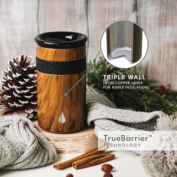 Elemental Artisan Insulated Tumbler, Triple Wall Coffee Travel Mug, Reusable Stainless Steel Coffee Tumbler with Ceramic Lid, Thermal Coffee Cups for Hot (6 Hrs) & Cold (18 Hrs), 12oz - Teak Wood