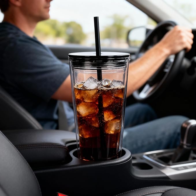 24oz Tumbler with Lid and Straw, Leak Proof and Double Wall Insulated Reusable Plastic Cups,Travel Reusable Iced Coffee Cup (2, Black)