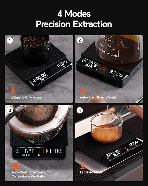 MUVNA Espresso Coffee Scale with Timer & Flow Rate Indicator - 2kg/0.1g Precision Digital Scale with Waterproof Silicone Mat for Pour Over, Coffee Bean Weight, Kitchen, Black