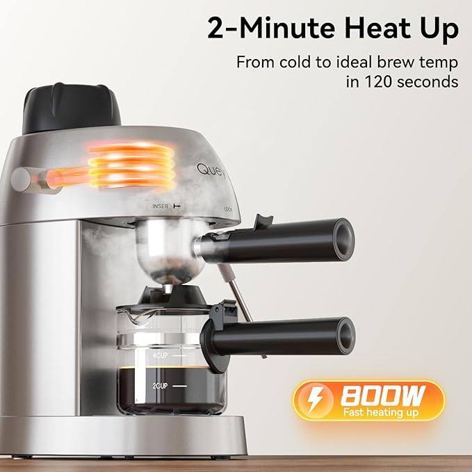 Queyd 3.5 Bar 4 Cup Espresso Cappuccino Machine, Stainless Steel Espresso Machine, Compact Expresso Machines for Home, Latte and Cappuccino Machine with Milk Frother, Dual Safety Switches, 800W